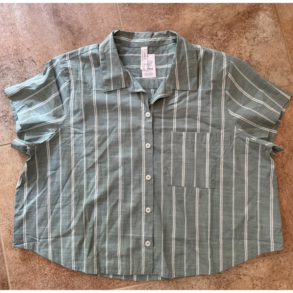NEW Womens Auden Green Stripe Short Sleeve Button Lounge/PJ Top Size 2X NWT